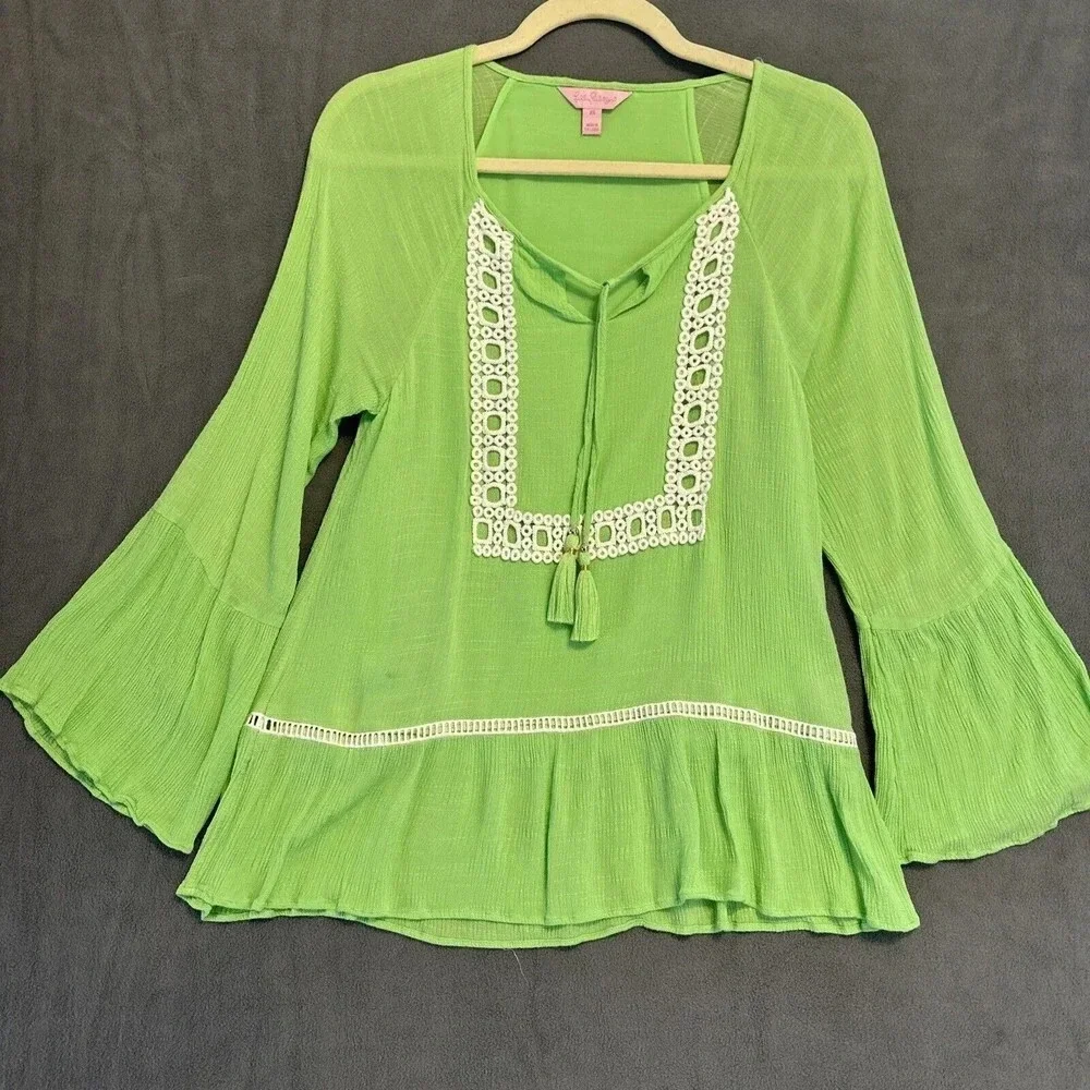 Lilly Pulitzer Amisa Top Mermaid Green Size XS Long Bell Sleeve Peasant Blouse - Picture 3 of 9